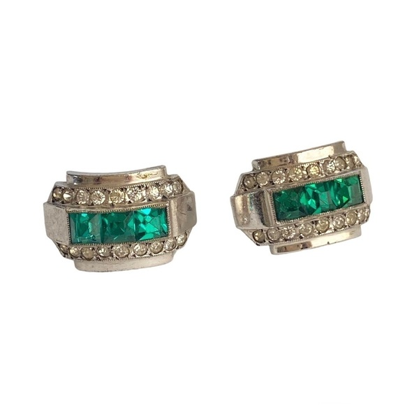 Vintage Art Deco Rhinestone Earrings Emerald Green Sterling Silver Screw Back - Picture 1 of 9